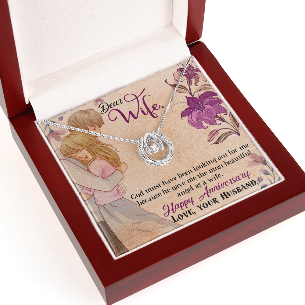 To My Wife God Must Have Been Lucky Horseshoe Necklace Message Card 14k w CZ Crystals-Express Your Love Gifts