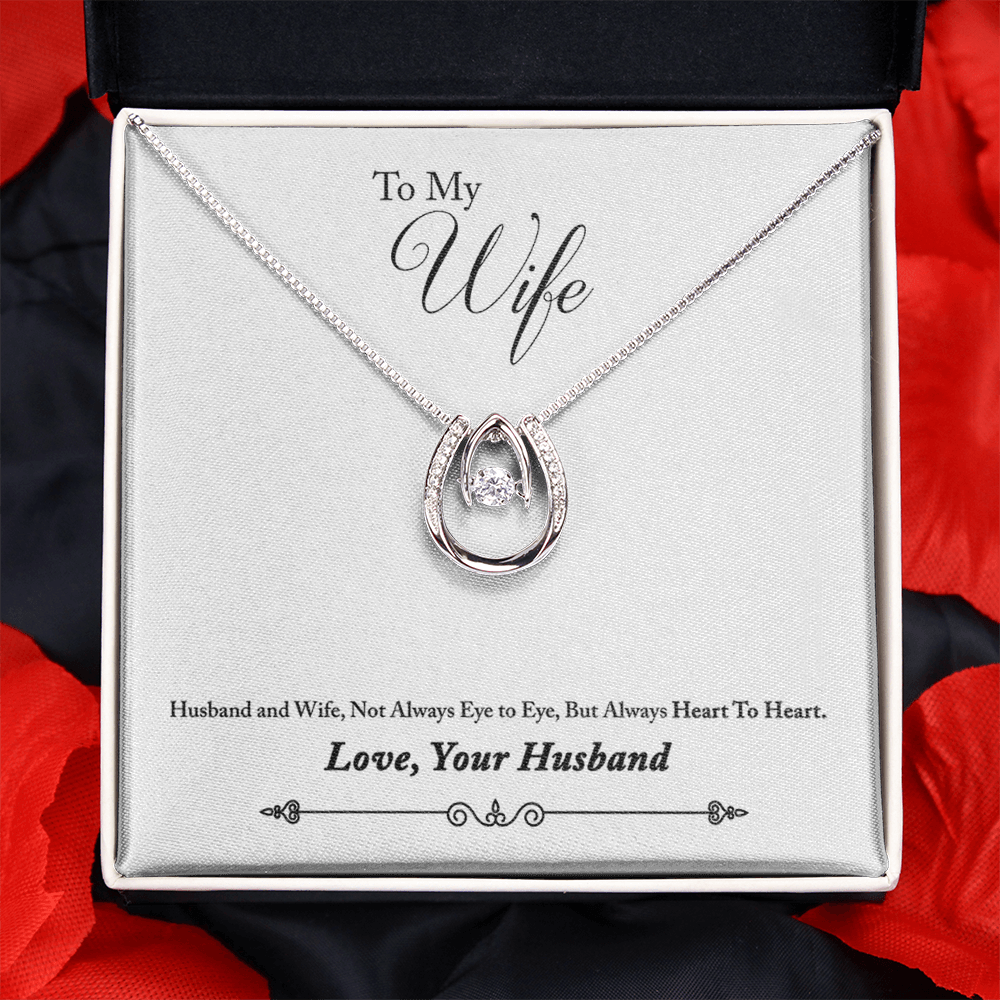 To My Wife Heart to Heart Lucky Horseshoe Necklace Message Card 14k w CZ Crystals-Express Your Love Gifts