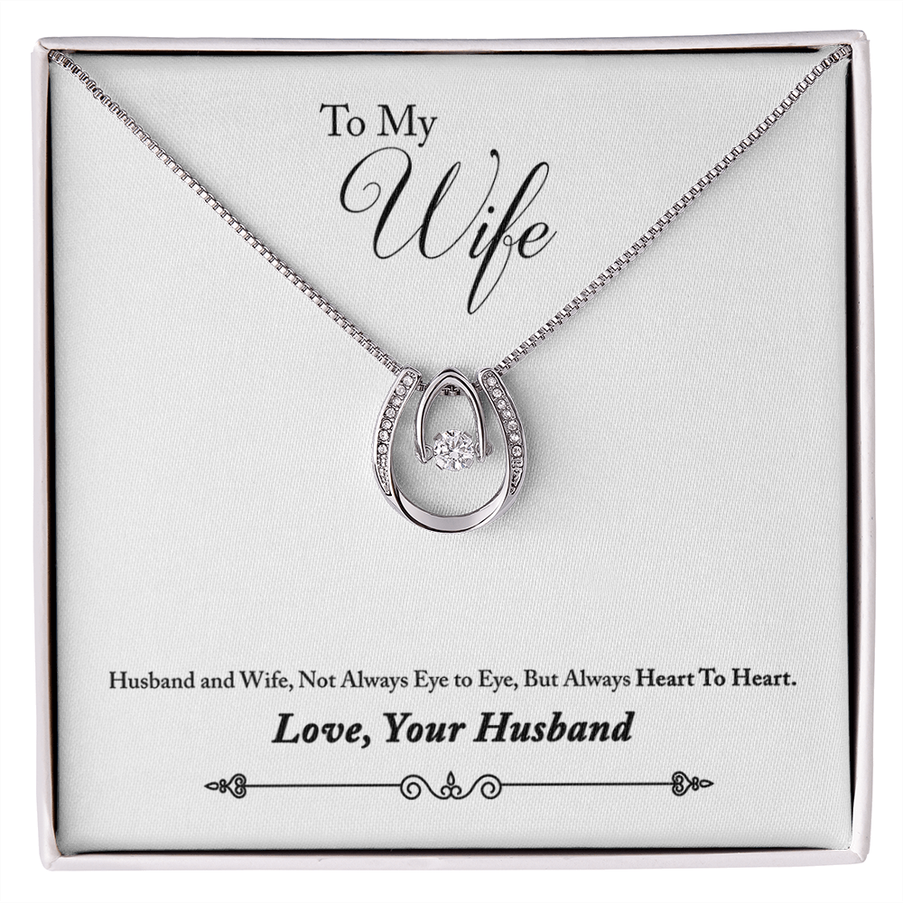 To My Wife Heart to Heart Lucky Horseshoe Necklace Message Card 14k w CZ Crystals-Express Your Love Gifts