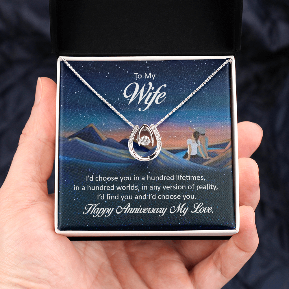 To My Wife Hundred Lifetimes Lucky Horseshoe Necklace Message Card 14k w CZ Crystals-Express Your Love Gifts