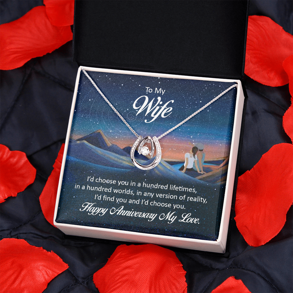 To My Wife Hundred Lifetimes Lucky Horseshoe Necklace Message Card 14k w CZ Crystals-Express Your Love Gifts