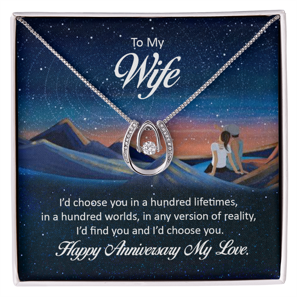 To My Wife Hundred Lifetimes Lucky Horseshoe Necklace Message Card 14k w CZ Crystals-Express Your Love Gifts