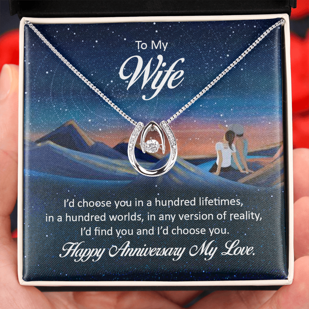 To My Wife Hundred Lifetimes Lucky Horseshoe Necklace Message Card 14k w CZ Crystals-Express Your Love Gifts