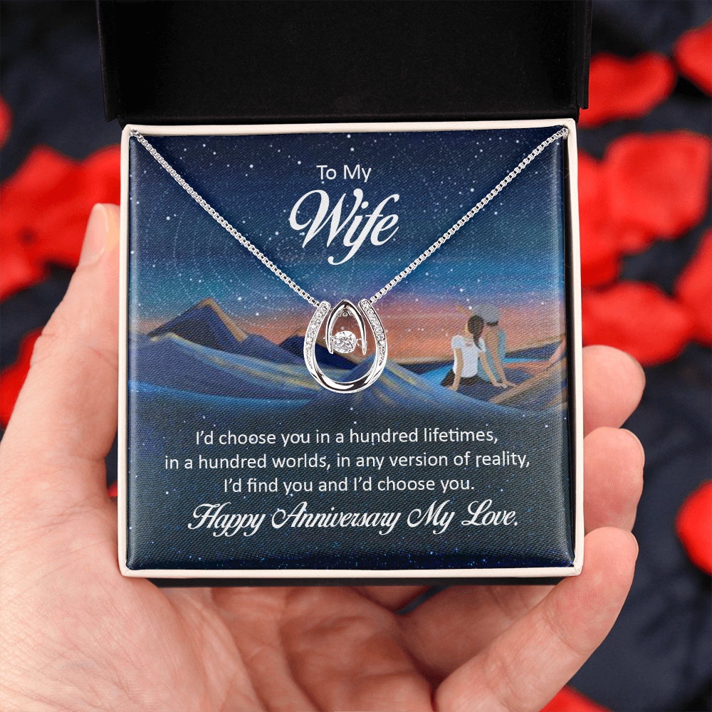 To My Wife Hundred Lifetimes Lucky Horseshoe Necklace Message Card 14k w CZ Crystals-Express Your Love Gifts