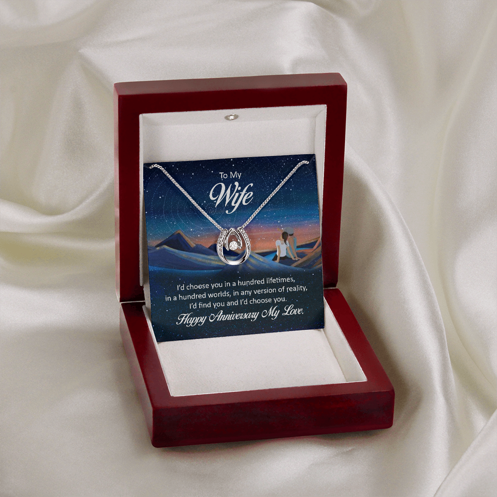 To My Wife Hundred Lifetimes Lucky Horseshoe Necklace Message Card 14k w CZ Crystals-Express Your Love Gifts