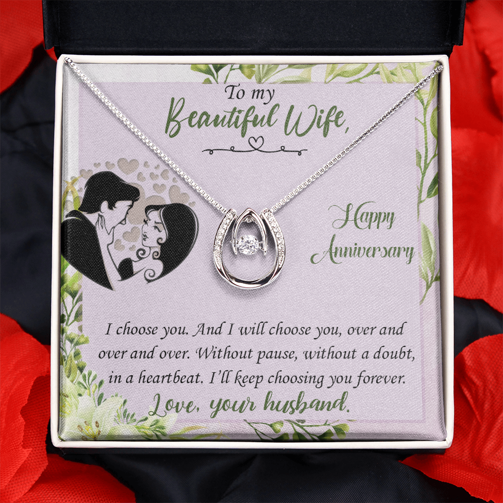 To My Wife I Choose You Lucky Horseshoe Necklace Message Card 14k w CZ Crystals-Express Your Love Gifts