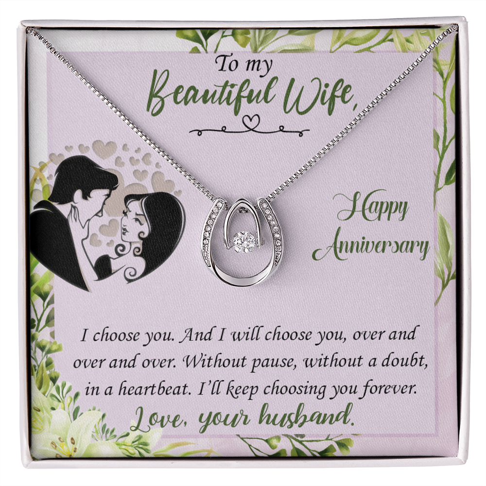 To My Wife I Choose You Lucky Horseshoe Necklace Message Card 14k w CZ Crystals-Express Your Love Gifts