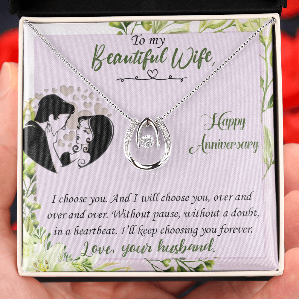 To My Wife I Choose You Lucky Horseshoe Necklace Message Card 14k w CZ Crystals-Express Your Love Gifts