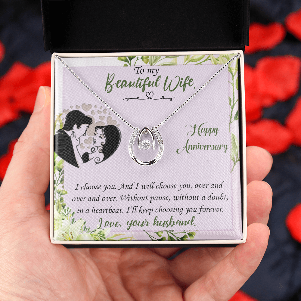 To My Wife I Choose You Lucky Horseshoe Necklace Message Card 14k w CZ Crystals-Express Your Love Gifts