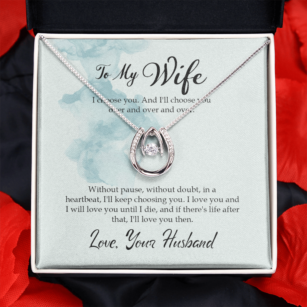 To My Wife I Choose You Over and Over Lucky Horseshoe Necklace Message Card 14k w CZ Crystals-Express Your Love Gifts