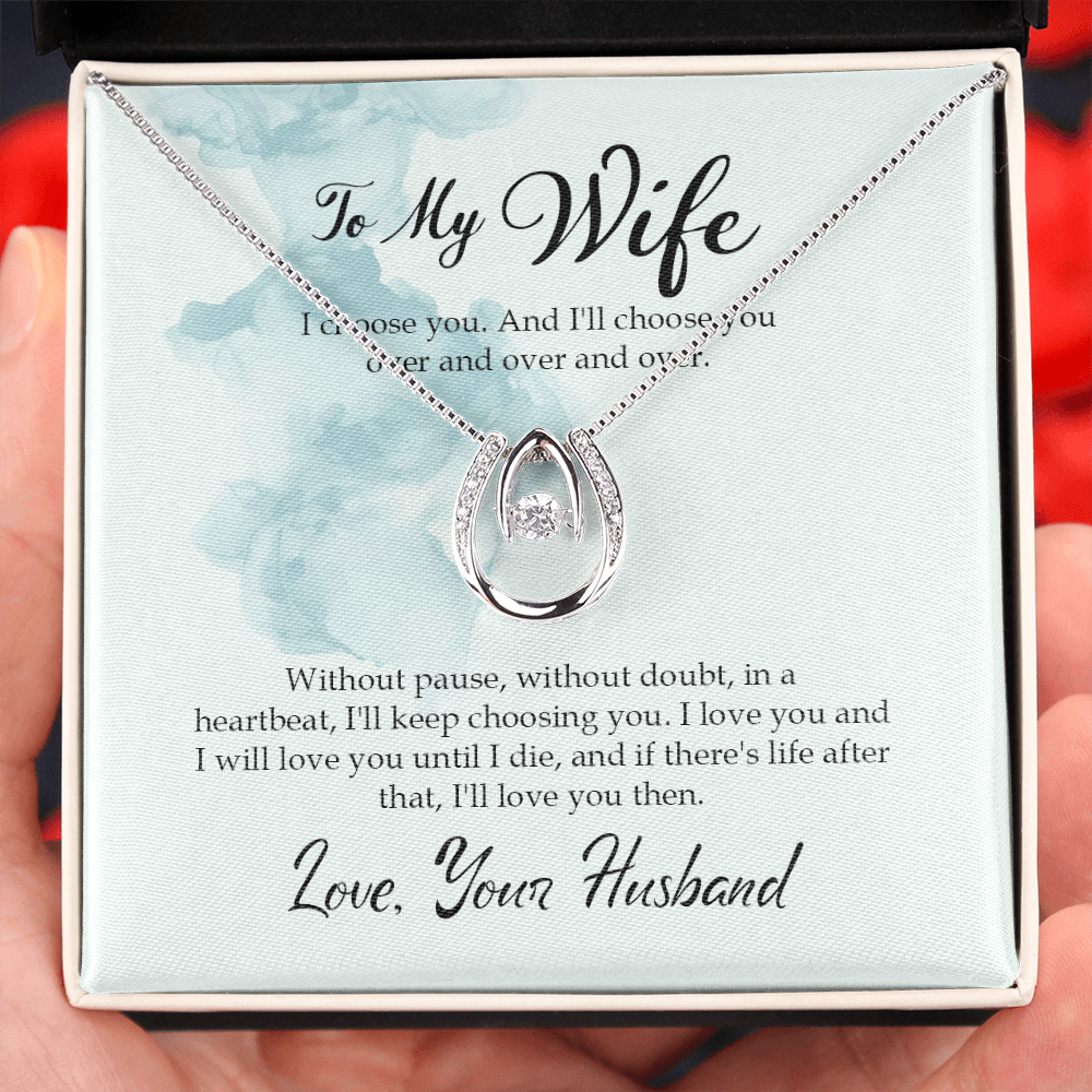 To My Wife I Choose You Over and Over Lucky Horseshoe Necklace Message Card 14k w CZ Crystals-Express Your Love Gifts