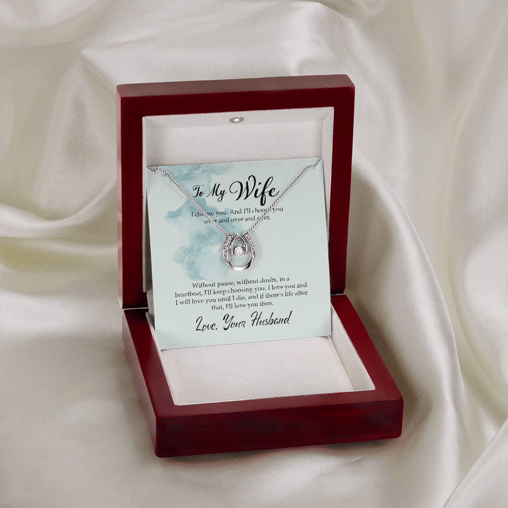 To My Wife I Choose You Over and Over Lucky Horseshoe Necklace Message Card 14k w CZ Crystals-Express Your Love Gifts