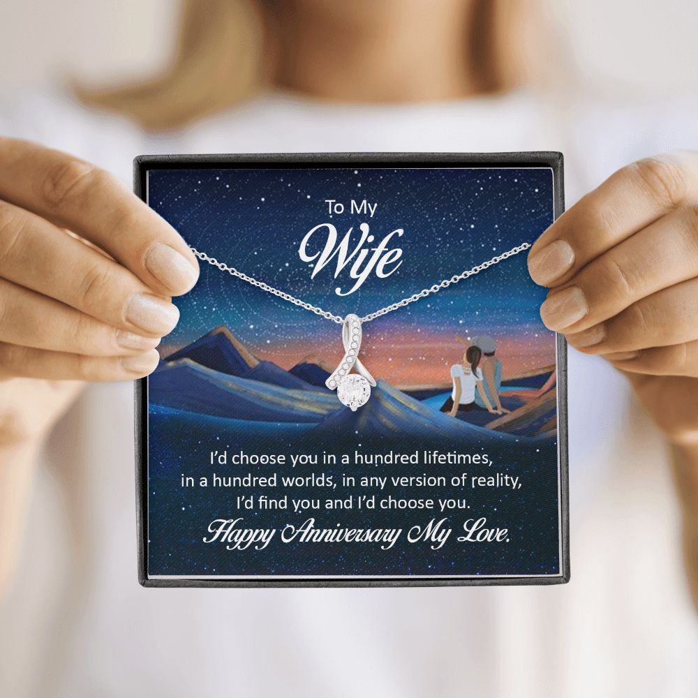 To My Wife I'd Choose You in a Hundred Lifetimes Alluring Ribbon Necklace Message Card-Express Your Love Gifts