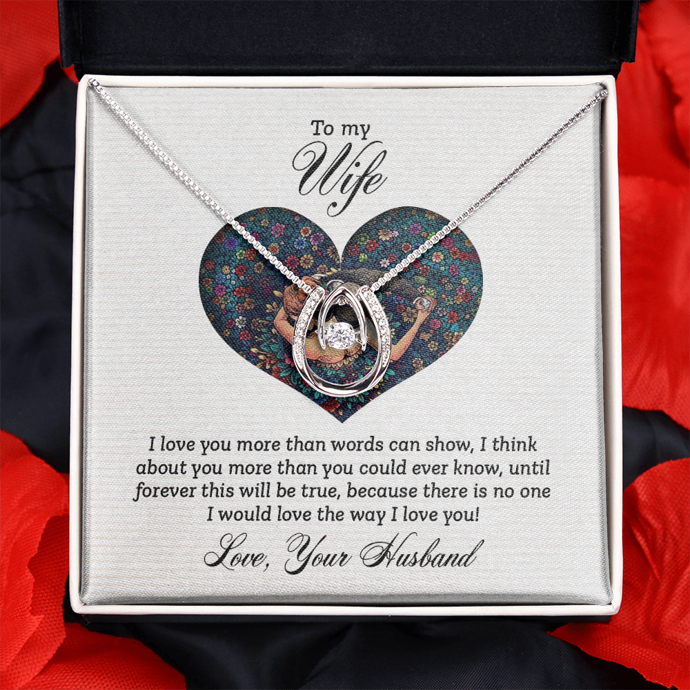 To My Wife I Love You More Forever Lucky Horseshoe Necklace Message Card 14k w CZ Crystals-Express Your Love Gifts