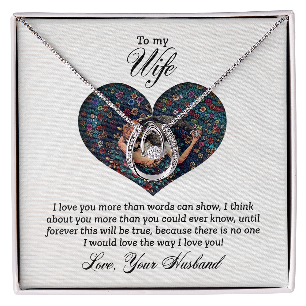 To My Wife I Love You More Forever Lucky Horseshoe Necklace Message Card 14k w CZ Crystals-Express Your Love Gifts