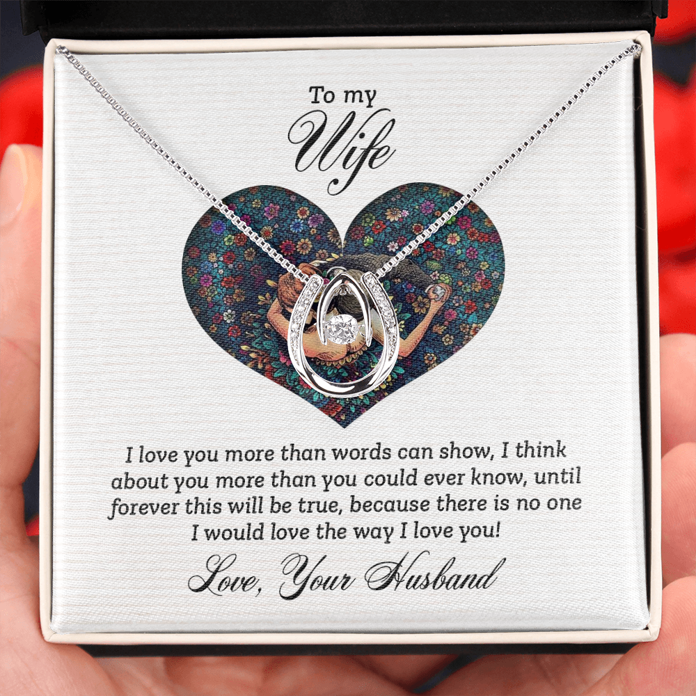 To My Wife I Love You More Forever Lucky Horseshoe Necklace Message Card 14k w CZ Crystals-Express Your Love Gifts