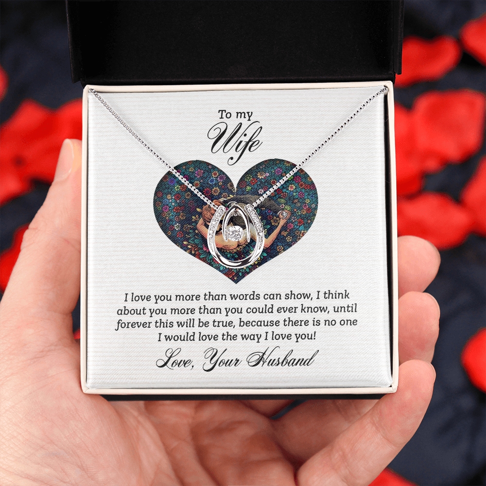 To My Wife I Love You More Forever Lucky Horseshoe Necklace Message Card 14k w CZ Crystals-Express Your Love Gifts