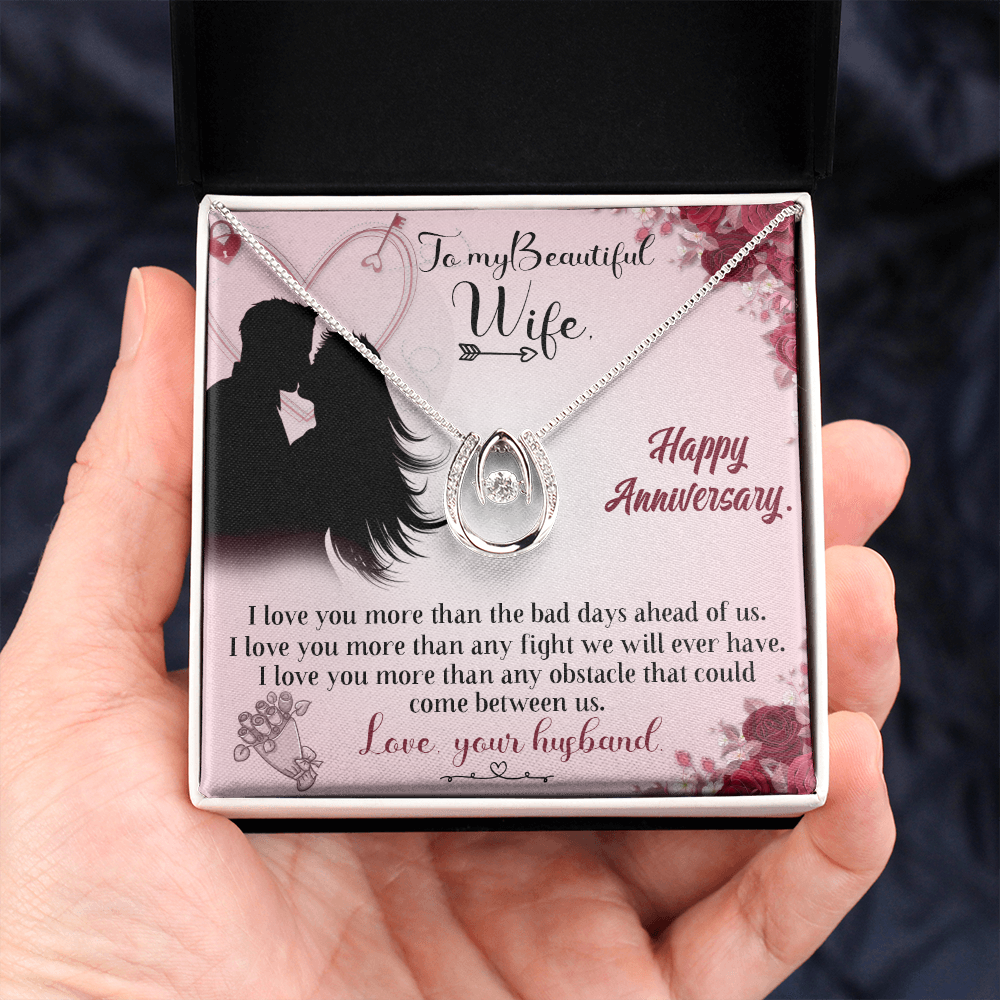 To My Wife I Love You More Than Words Lucky Horseshoe Necklace Message Card 14k w CZ Crystals-Express Your Love Gifts