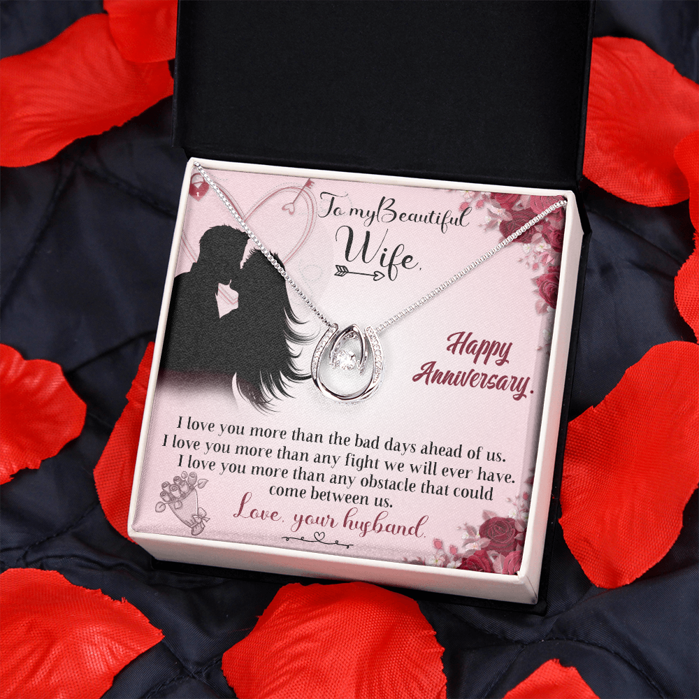 To My Wife I Love You More Than Words Lucky Horseshoe Necklace Message Card 14k w CZ Crystals-Express Your Love Gifts