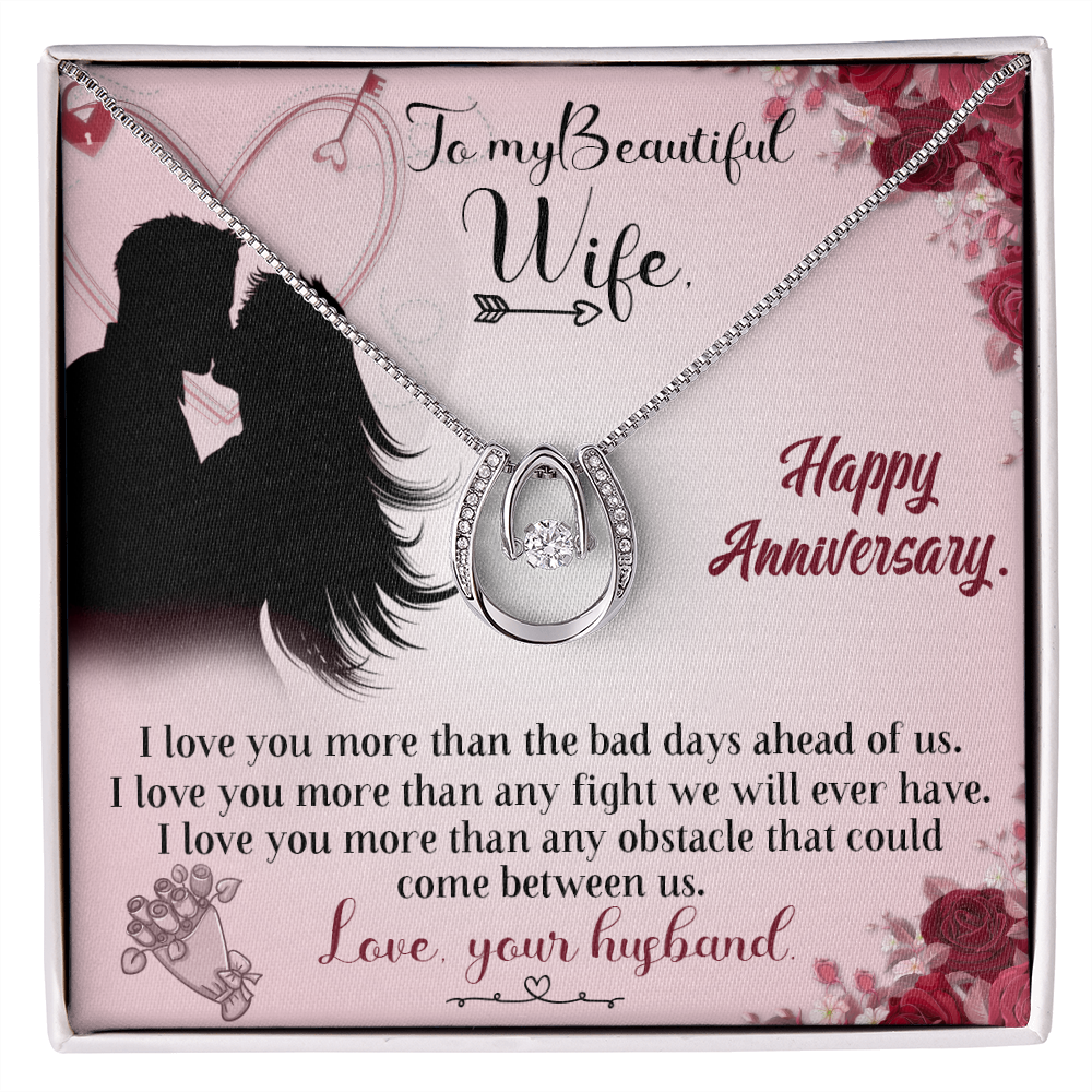 To My Wife I Love You More Than Words Lucky Horseshoe Necklace Message Card 14k w CZ Crystals-Express Your Love Gifts