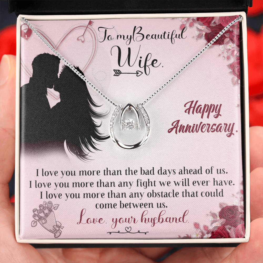 To My Wife I Love You More Than Words Lucky Horseshoe Necklace Message Card 14k w CZ Crystals-Express Your Love Gifts