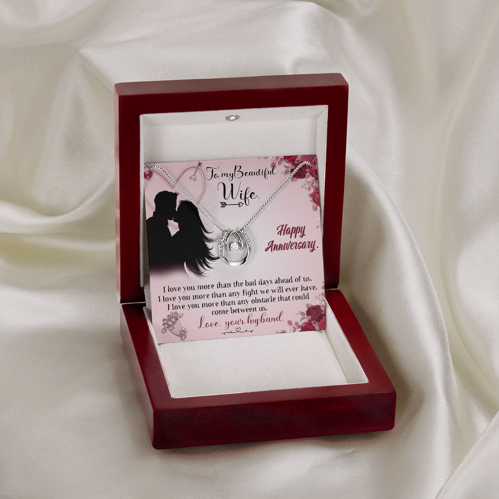 To My Wife I Love You More Than Words Lucky Horseshoe Necklace Message Card 14k w CZ Crystals-Express Your Love Gifts