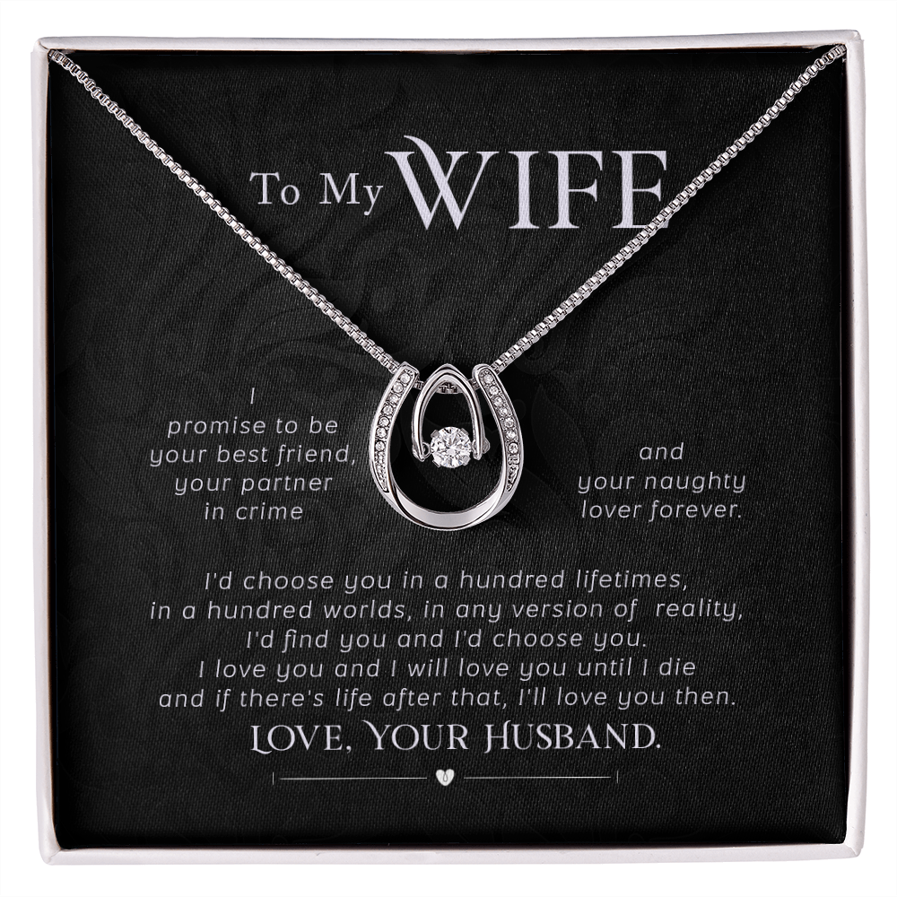 To My Wife I Promise Lucky Horseshoe Necklace Message Card 14k w CZ Crystals-Express Your Love Gifts