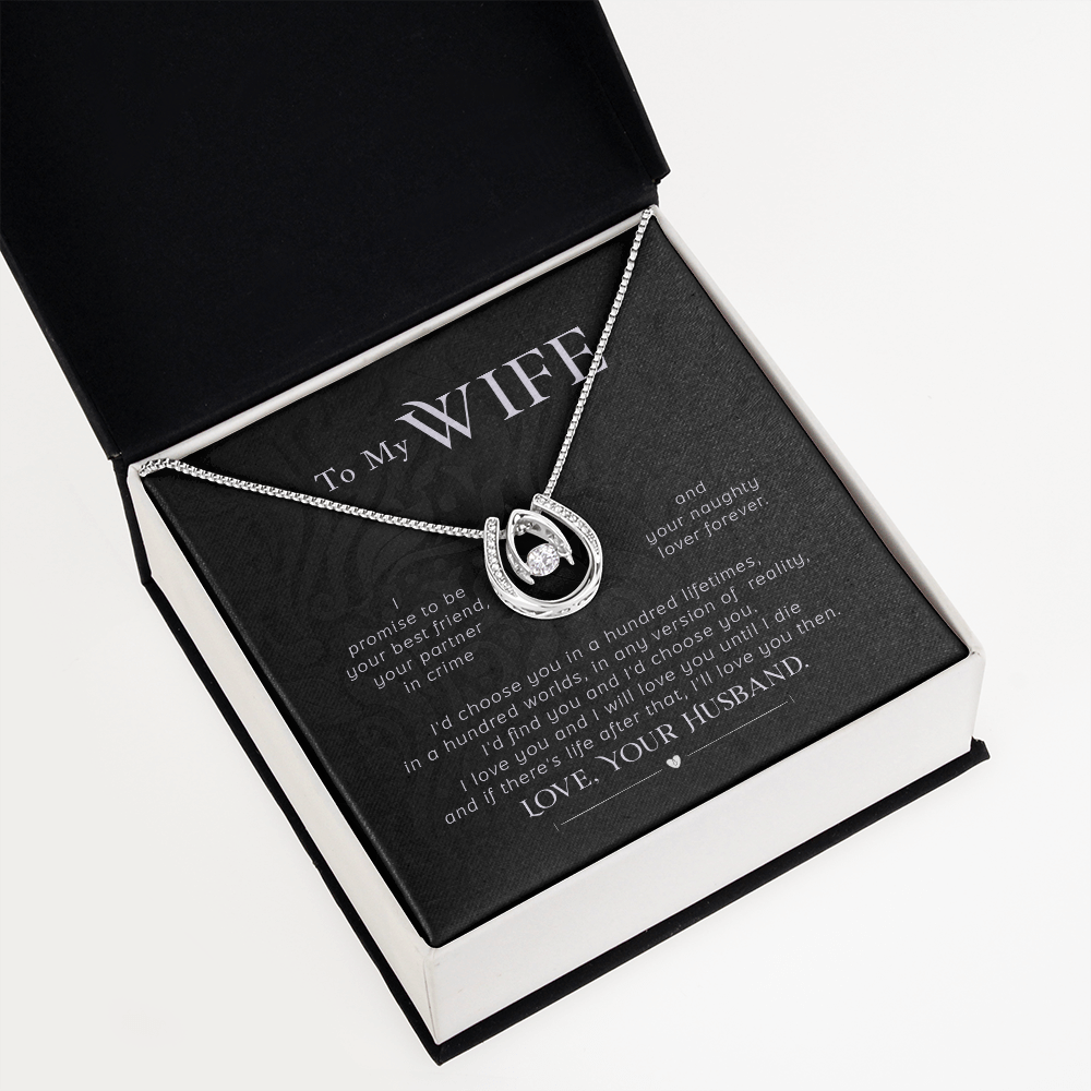 To My Wife I Promise Lucky Horseshoe Necklace Message Card 14k w CZ Crystals-Express Your Love Gifts