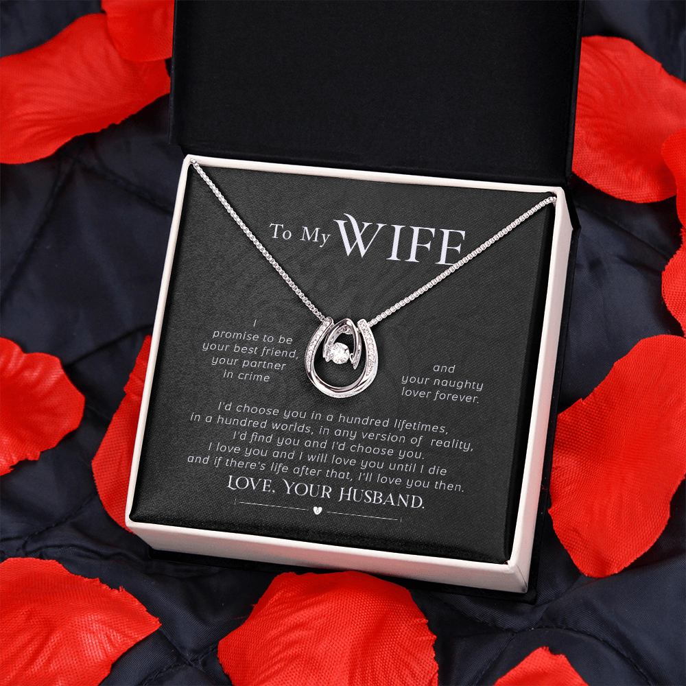 To My Wife I Promise Lucky Horseshoe Necklace Message Card 14k w CZ Crystals-Express Your Love Gifts