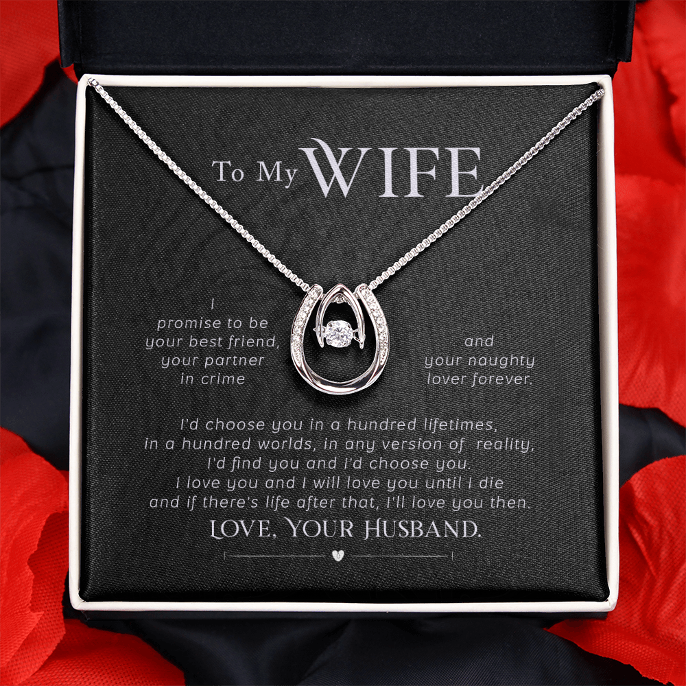 To My Wife I Promise Lucky Horseshoe Necklace Message Card 14k w CZ Crystals-Express Your Love Gifts