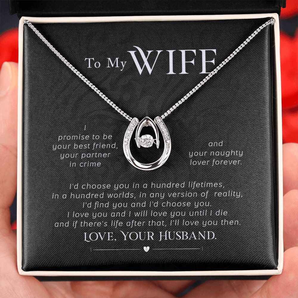 To My Wife I Promise Lucky Horseshoe Necklace Message Card 14k w CZ Crystals-Express Your Love Gifts