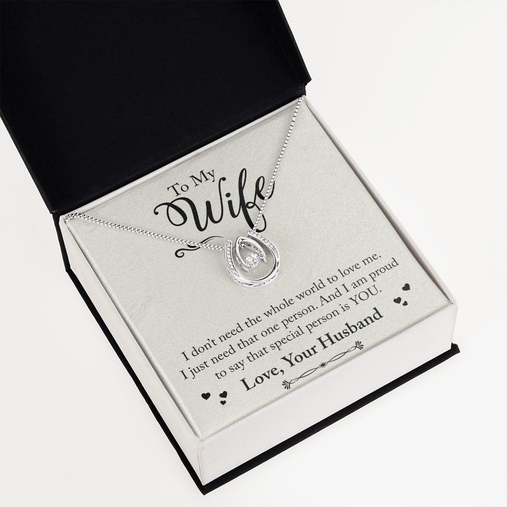 To My Wife Just Need One Person Lucky Horseshoe Necklace Message Card 14k w CZ Crystals-Express Your Love Gifts