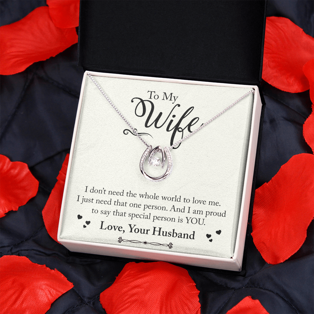 To My Wife Just Need One Person Lucky Horseshoe Necklace Message Card 14k w CZ Crystals-Express Your Love Gifts