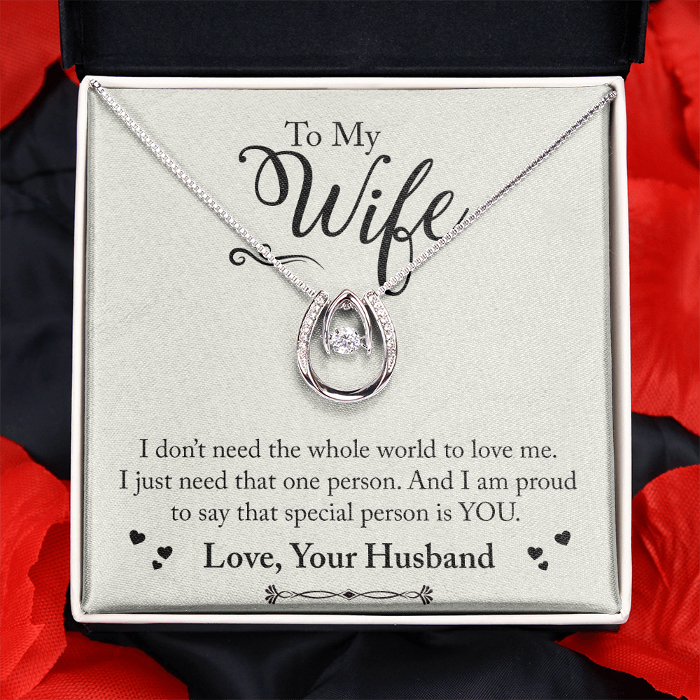 To My Wife Just Need One Person Lucky Horseshoe Necklace Message Card 14k w CZ Crystals-Express Your Love Gifts