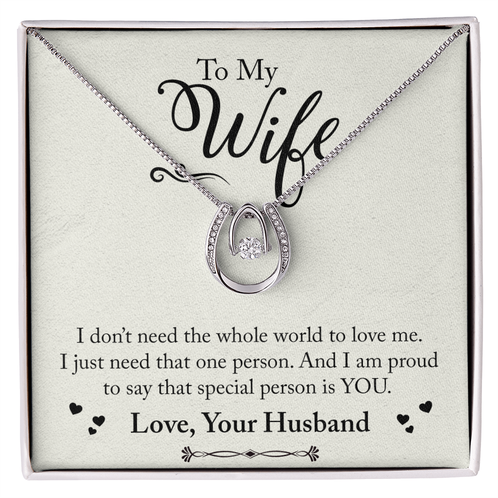 To My Wife Just Need One Person Lucky Horseshoe Necklace Message Card 14k w CZ Crystals-Express Your Love Gifts