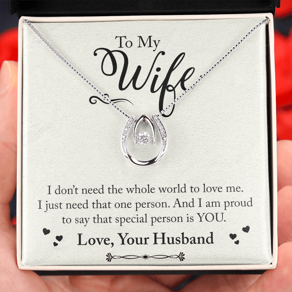 To My Wife Just Need One Person Lucky Horseshoe Necklace Message Card 14k w CZ Crystals-Express Your Love Gifts