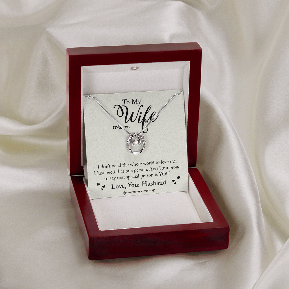 To My Wife Just Need One Person Lucky Horseshoe Necklace Message Card 14k w CZ Crystals-Express Your Love Gifts