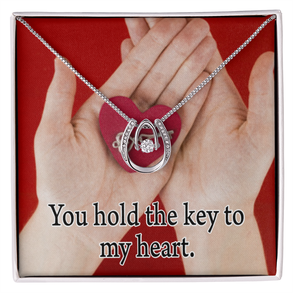 To My Wife Key To My Heart Lucky Horseshoe Necklace Message Card 14k w CZ Crystals-Express Your Love Gifts