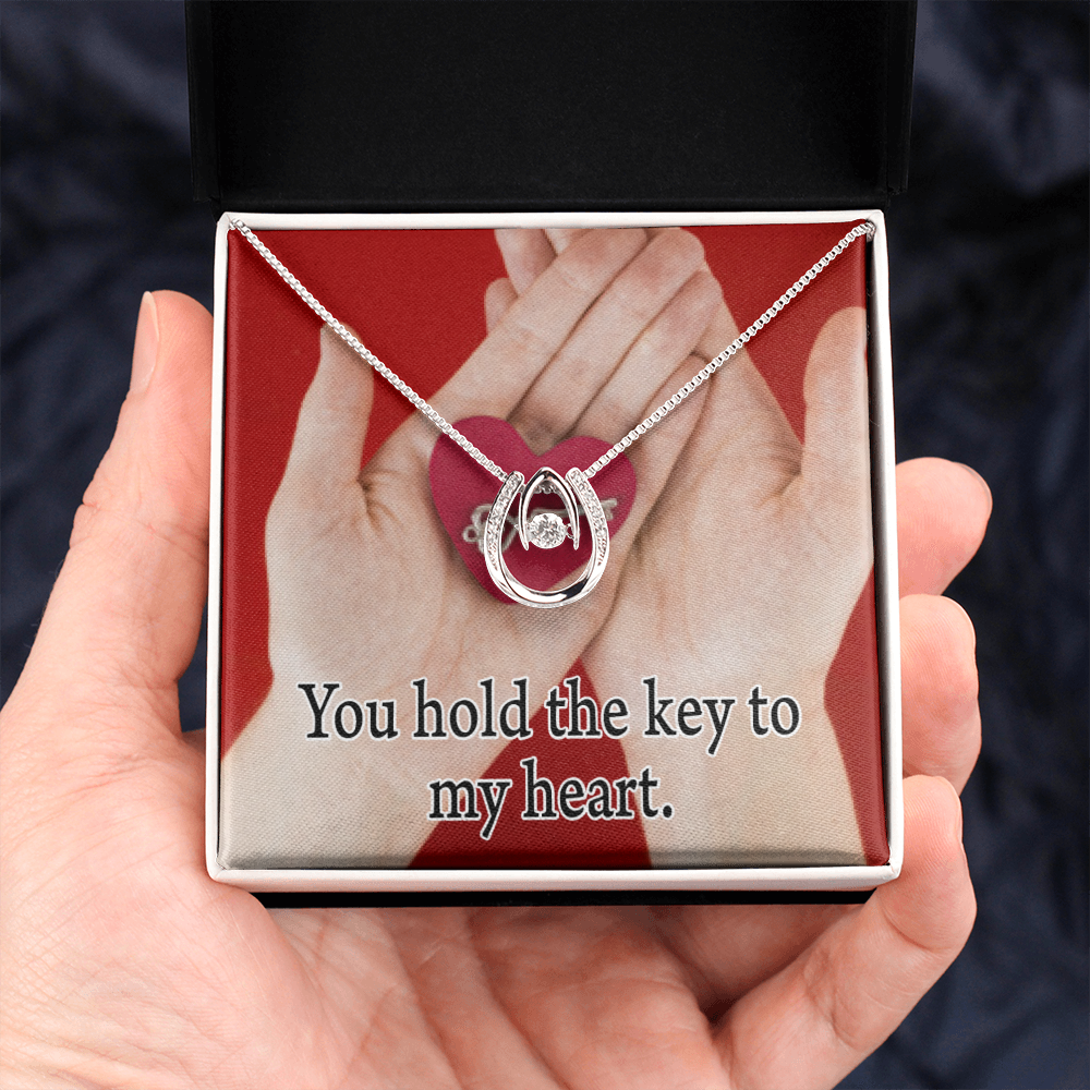 To My Wife Key To My Heart Lucky Horseshoe Necklace Message Card 14k w CZ Crystals-Express Your Love Gifts