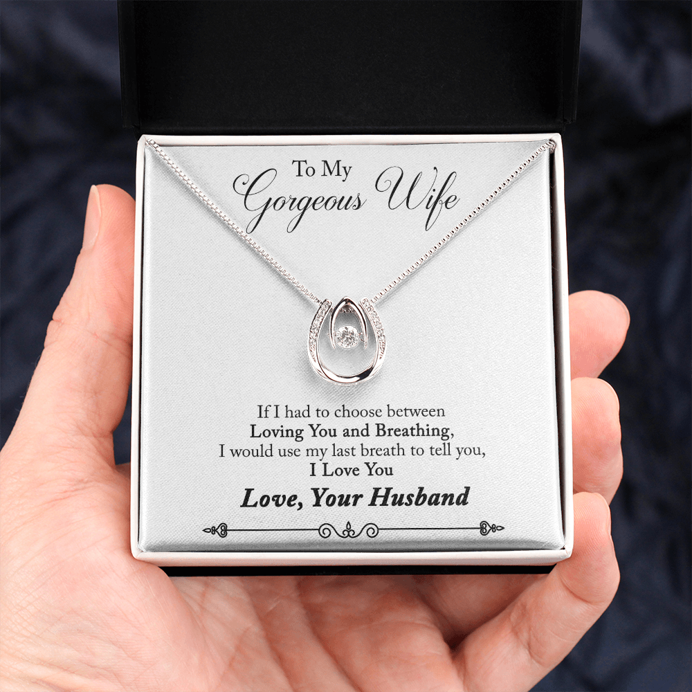 To My Wife Last Breath Plain Lucky Horseshoe Necklace Message Card 14k w CZ Crystals-Express Your Love Gifts