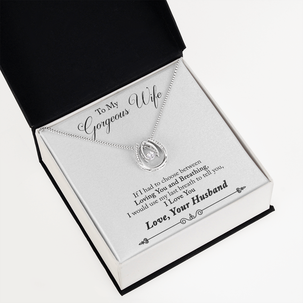 To My Wife Last Breath Plain Lucky Horseshoe Necklace Message Card 14k w CZ Crystals-Express Your Love Gifts