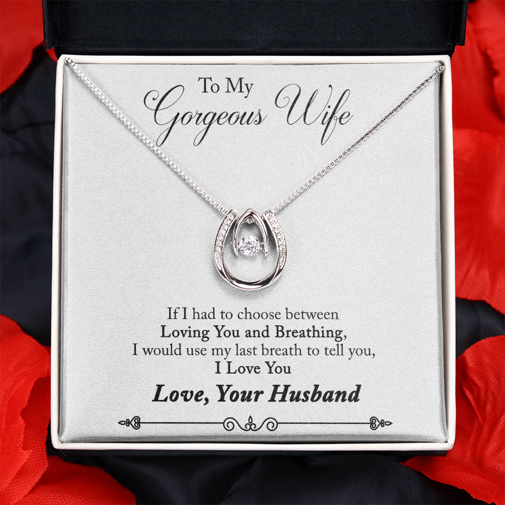 To My Wife Last Breath Plain Lucky Horseshoe Necklace Message Card 14k w CZ Crystals-Express Your Love Gifts