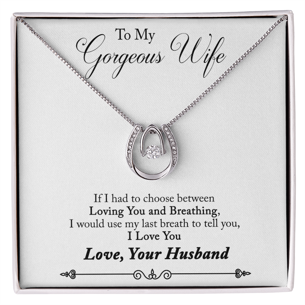 To My Wife Last Breath Plain Lucky Horseshoe Necklace Message Card 14k w CZ Crystals-Express Your Love Gifts