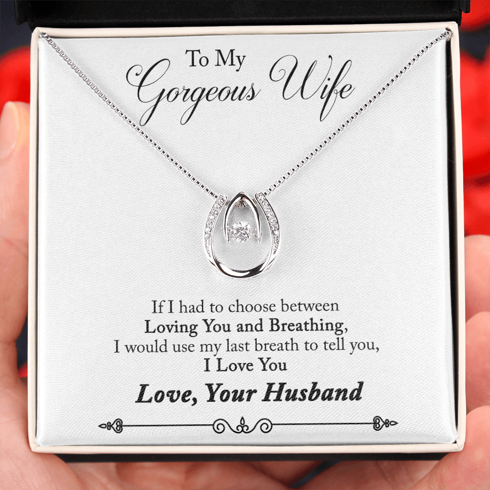 To My Wife Last Breath Plain Lucky Horseshoe Necklace Message Card 14k w CZ Crystals-Express Your Love Gifts