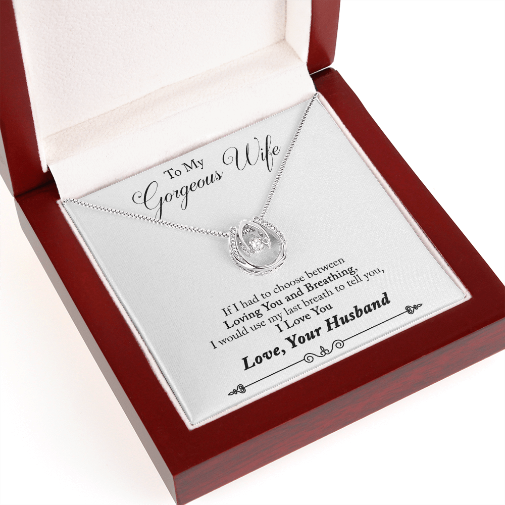 To My Wife Last Breath Plain Lucky Horseshoe Necklace Message Card 14k w CZ Crystals-Express Your Love Gifts