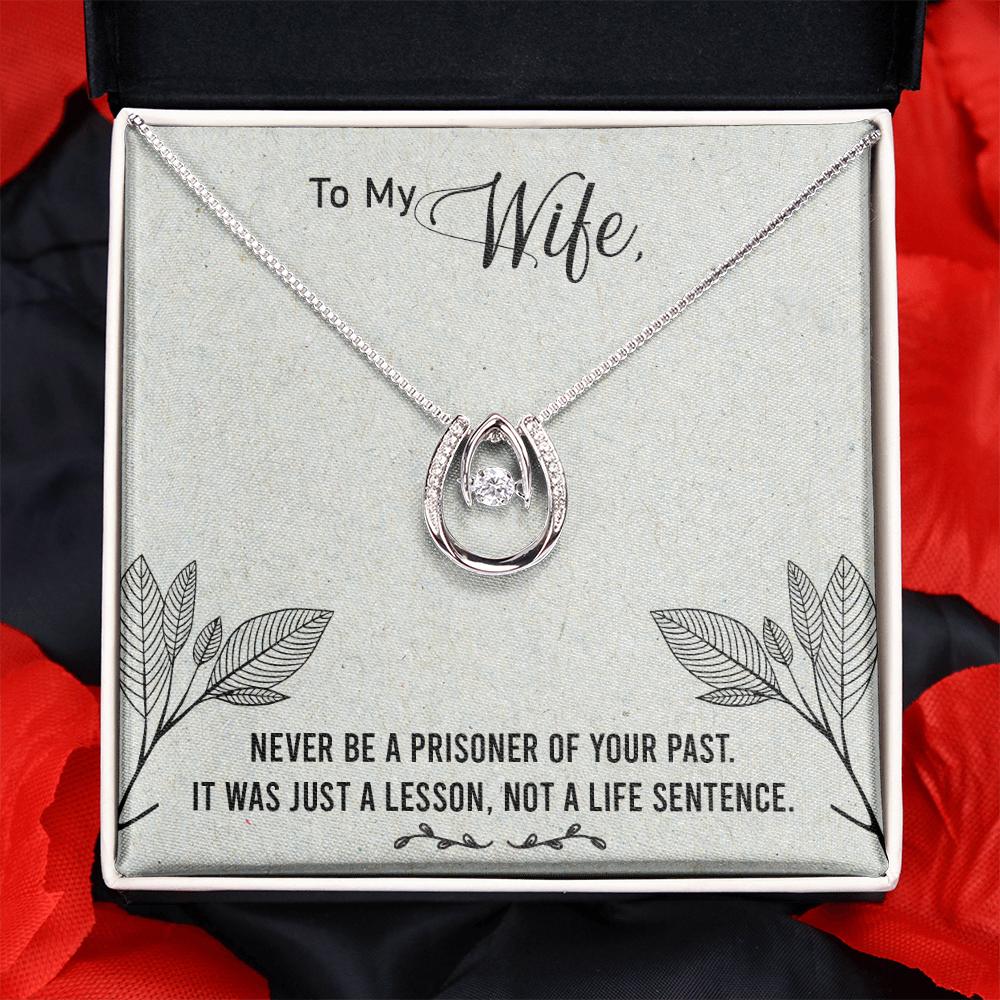 To My Wife Life Sentence Lucky Horseshoe Necklace Message Card 14k w CZ Crystals-Express Your Love Gifts