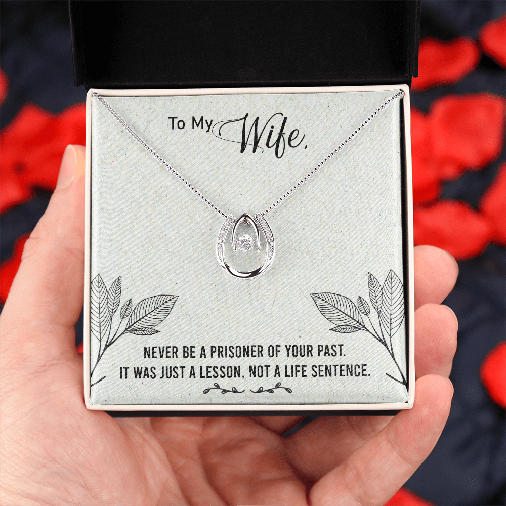 To My Wife Life Sentence Lucky Horseshoe Necklace Message Card 14k w CZ Crystals-Express Your Love Gifts