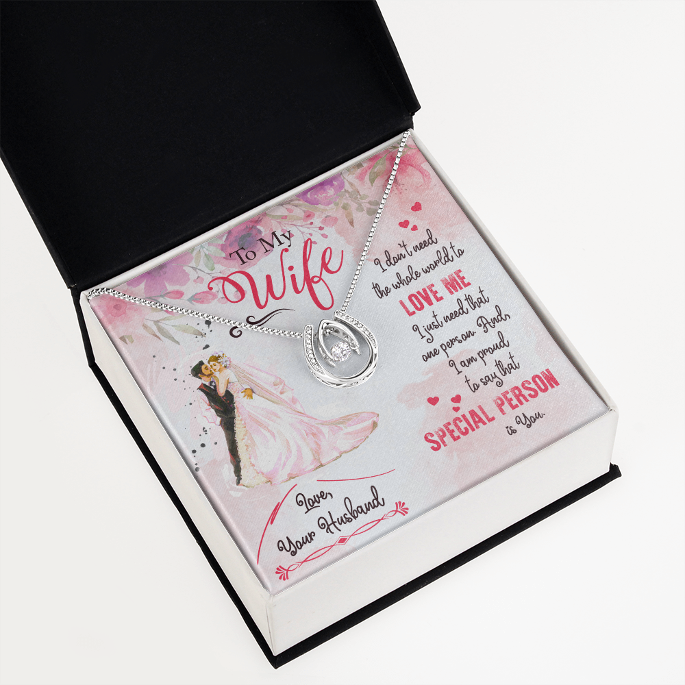 To My Wife Love Me Lucky Horseshoe Necklace Message Card 14k w CZ Crystals-Express Your Love Gifts