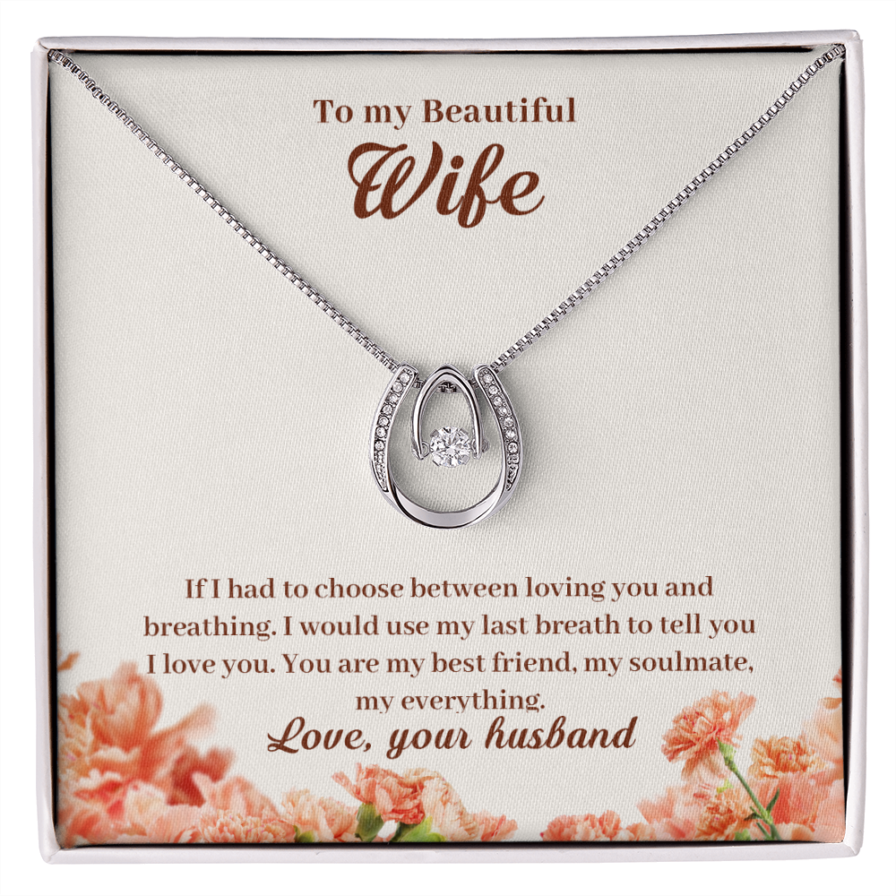 To My Wife Loving &amp; Breathing My Everything Lucky Horseshoe Necklace Message Card 14k w CZ Crystals-Express Your Love Gifts