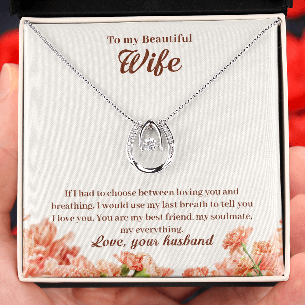 To My Wife Loving & Breathing My Everything Lucky Horseshoe Necklace Message Card 14k w CZ Crystals-Express Your Love Gifts